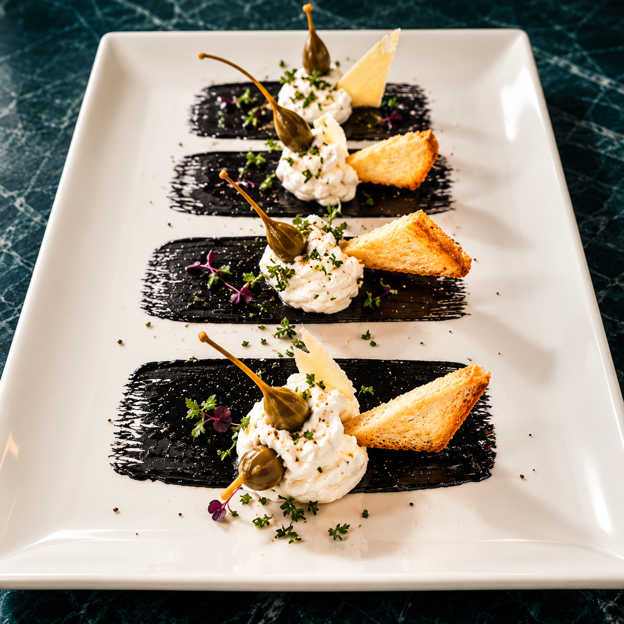 Burrata e capperi su piatto contemporaneo